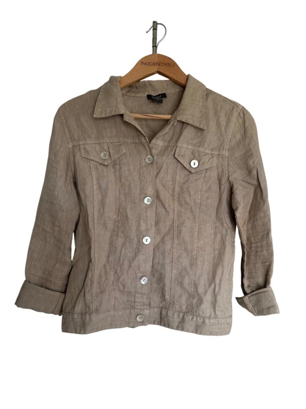 Pure Amici Women's Small 100% Linen Khaki Button Down Jacket Top Sustainable